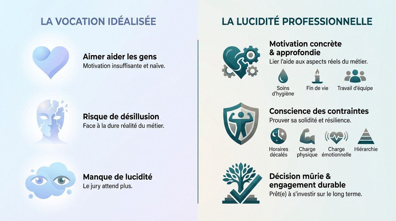 Candidat à l'oral aide-soignant faisant preuve de lucidité professionnelle face au jury
