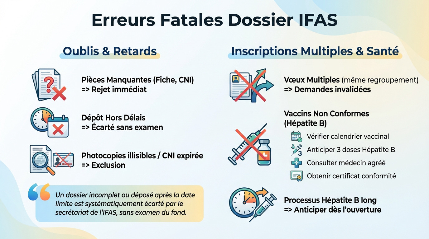 Infographie sur les erreurs fatales pour un dossier IFAS. Elle détaille les oublis, retards, pièces non conformes et vaccins Hépatite B.