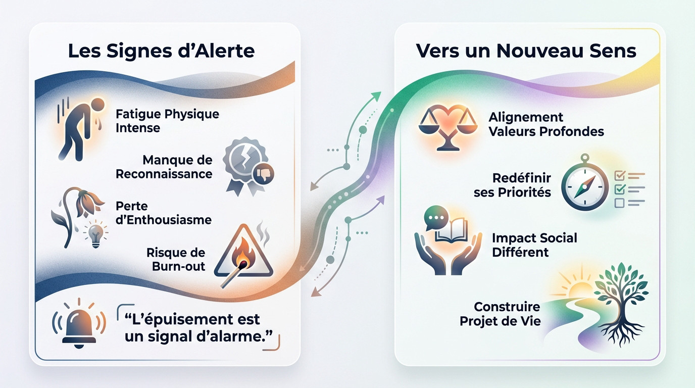 Infographie moderne listant les raisons de départ des aides-soignants (fatigue, manque de reconnaissance) et les pistes de reconversion (valeurs, projet de vie).