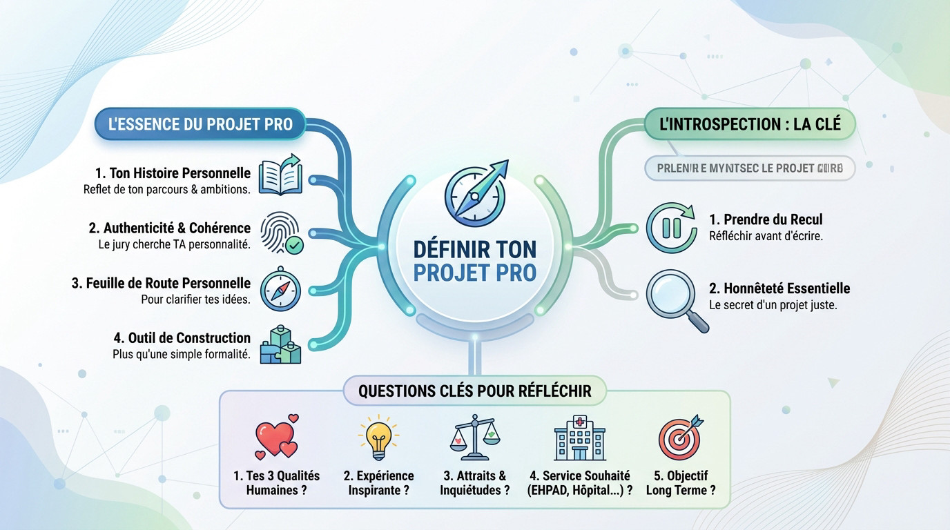 Infographie mind map sur la définition d'un projet professionnel, avec sections sur l'essence, l'introspection et questions clés.