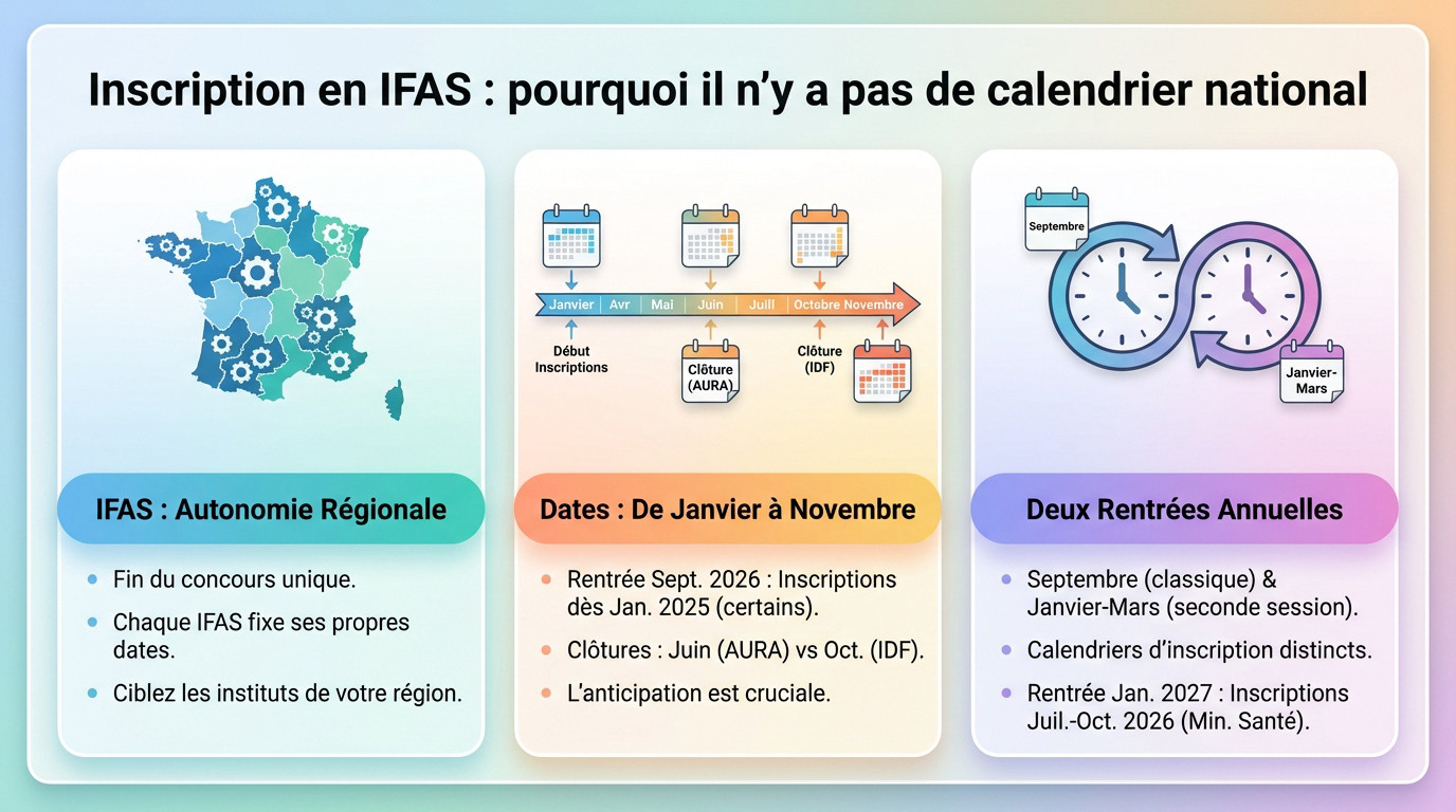 Infographie IFAS : autonomie régionale, dates d'inscription variées (janv-nov), deux rentrées annuelles. Pas de calendrier national.