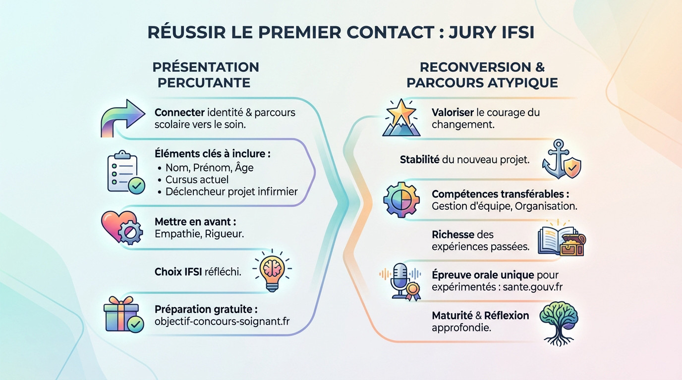 Infographie sur la réussite du premier contact avec un jury IFSI. Elle présente les points clés pour une présentation percutante et pour valoriser un parcours atypique.