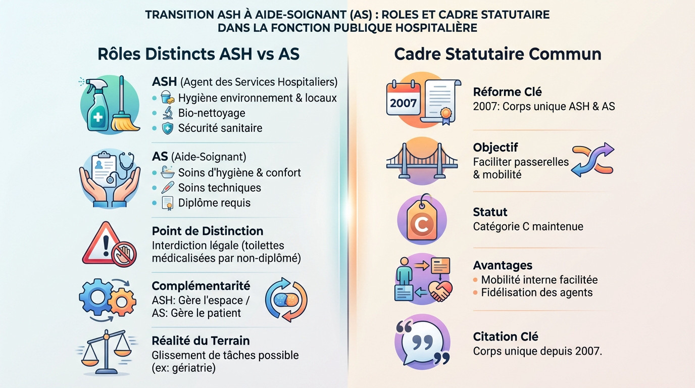 Infographie sur la transition ASH à Aide-Soignant. Compare rôles distincts et détaille le cadre statutaire commun dans la FPH.