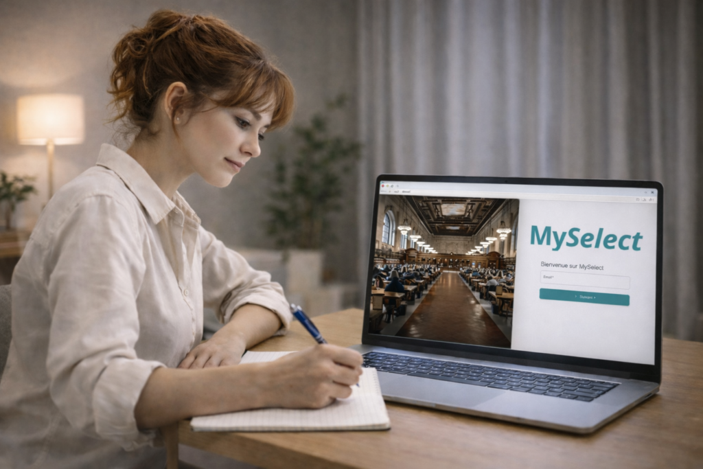 Infographie montrant une personne souhaitant s'inscrire au concours aide-soignant depuis la plateforme MySelect